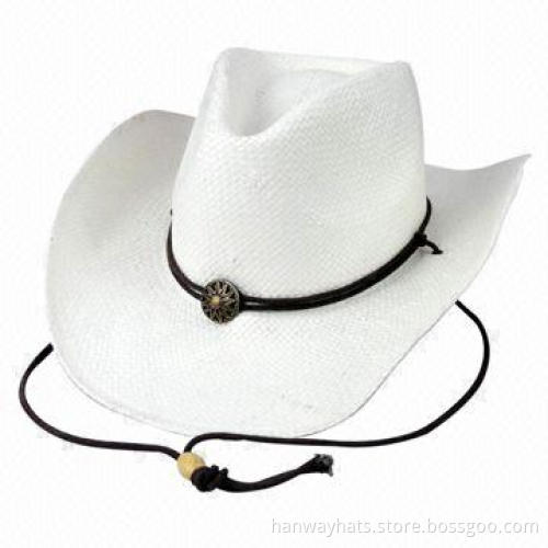 White Cowboy Straw Hat, Open Weave Paper with Stone Trim